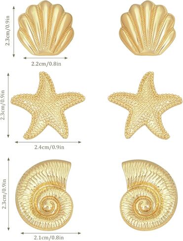 Gold Seashell Starfish Spiral Shell Stud Earrings Set - 3 Pairs Hypoallergenic 14K Gold Plated Ocean Beach Earrings for Women, Cute Summer Coastal Themed Jewelry Gift in Saudi Arabia