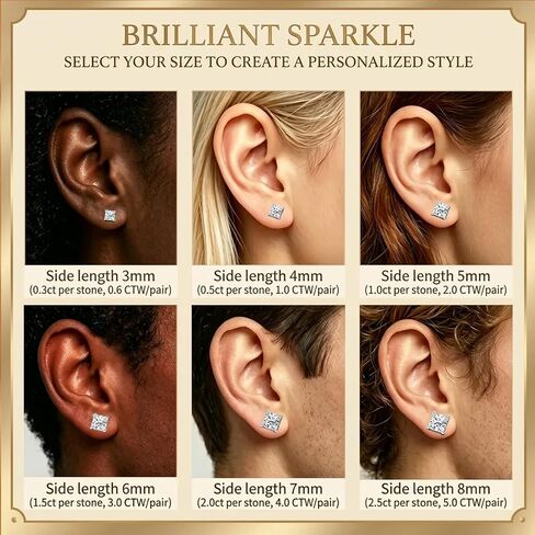 Diravo Princess Cut CZ Stud Earrings for Women Men, 14K Gold Plated 925 Sterling Silver Square Cubic Zirconia Simulated Diamond Studs Hypoallergenic (3-8MM) in Saudi Arabia