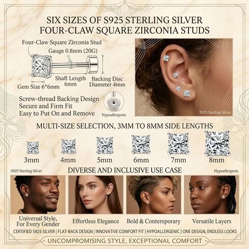Diravo Princess Cut CZ Stud Earrings for Women Men, 14K Gold Plated 925 Sterling Silver Square Cubic Zirconia Simulated Diamond Studs Hypoallergenic (3-8MM) in Saudi Arabia