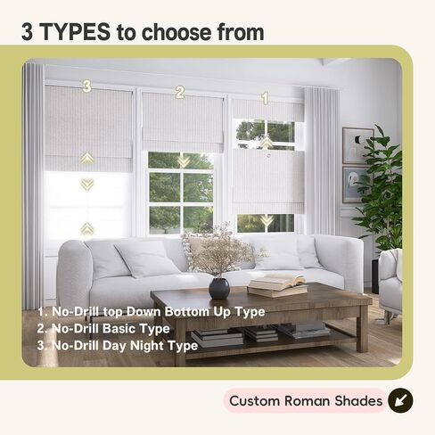 No Drill Cordless Roman Shade, Light Filtering or Blackout No Tool Roman Blind for Window, Thermal Insulated, UV Protection, Privacy, Custom Size for Home, Office, No Drill Basic Type in Saudi Arabia