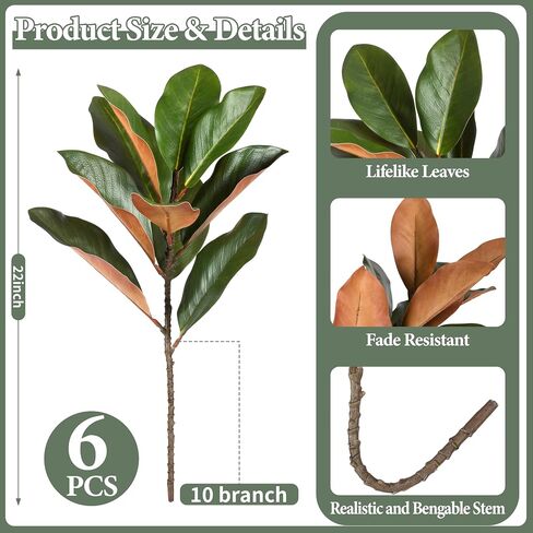6Pcs 22Inch Artificial Magnolia Leaves with Stems Fake Magnolia Leaf Branch Faux Magnolia Stems Greenery Twigs for Vase Home Indoor Outdoor Party Office Table Centerpieces Decor in Kuwait