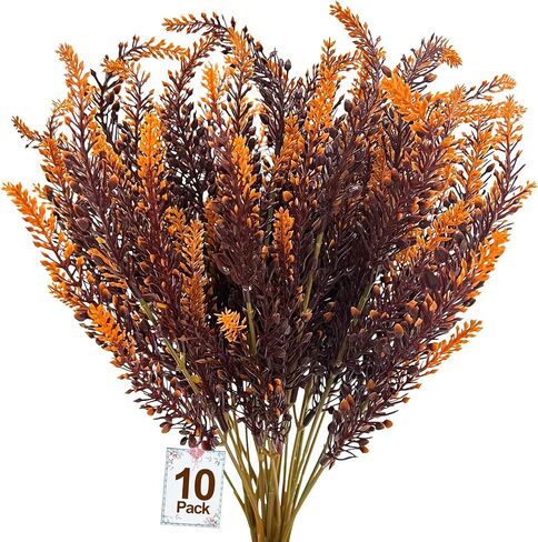 TURNMEON 10 Bundles Artificial Fall Flowers for Outdoors Fall Decorations, UV Resistant Artificial Lavender Plastic Flowers Faux Fall Plants Fake Mums Autumn Thanksgiving Decor Porch Home Gardens in Kuwait