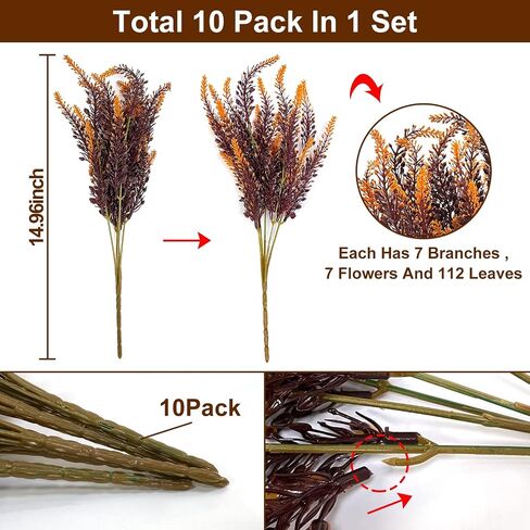 TURNMEON 10 Bundles Artificial Fall Flowers for Outdoors Fall Decorations, UV Resistant Artificial Lavender Plastic Flowers Faux Fall Plants Fake Mums Autumn Thanksgiving Decor Porch Home Gardens in Kuwait
