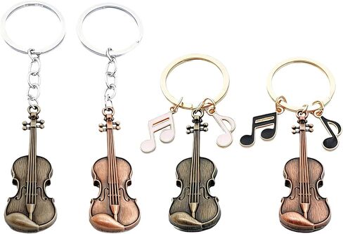Zinc Alloy Violin Keychain, Weathered Charm in Bronze and Red Copper, Pocket-Sized Tiny Violin Keyring with Musical Notes - 4-Piece Set, Artistic Decor for Music Lovers in Saudi Arabia