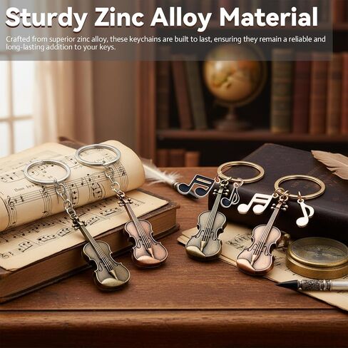 Zinc Alloy Violin Keychain, Weathered Charm in Bronze and Red Copper, Pocket-Sized Tiny Violin Keyring with Musical Notes - 4-Piece Set, Artistic Decor for Music Lovers in Saudi Arabia