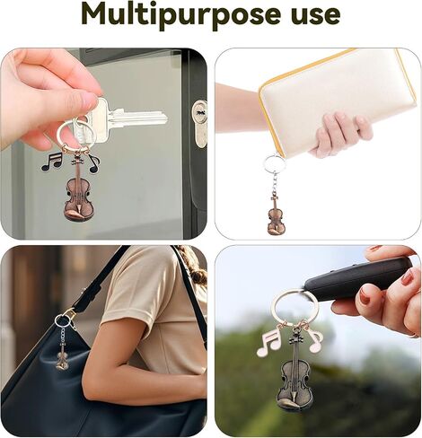 Zinc Alloy Violin Keychain, Weathered Charm in Bronze and Red Copper, Pocket-Sized Tiny Violin Keyring with Musical Notes - 4-Piece Set, Artistic Decor for Music Lovers in Saudi Arabia