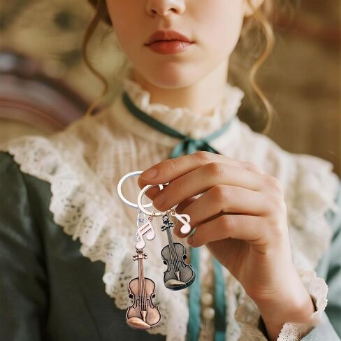 Zinc Alloy Violin Keychain, Weathered Charm in Bronze and Red Copper, Pocket-Sized Tiny Violin Keyring with Musical Notes - 4-Piece Set, Artistic Decor for Music Lovers in Saudi Arabia