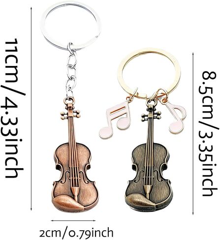 Zinc Alloy Violin Keychain, Weathered Charm in Bronze and Red Copper, Pocket-Sized Tiny Violin Keyring with Musical Notes - 4-Piece Set, Artistic Decor for Music Lovers in Saudi Arabia