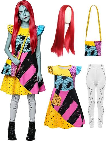 Sally Costume Girls Kids Patchwork Outfit Halloween Christmas Cosplay Dress Up Set in Saudi Arabia