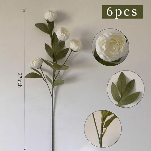 6 pcs Faux Peony Artificial Flowers, 27" Fake Silk Peonies Flowers Branches for DIY Bouquet Centerpieces Wedding Arrangements Vase Fillers Home Decorations (White) in Kuwait