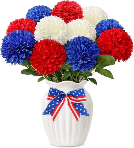 12 Pcs Artificial Chrysanthemums Flowers Patriotic Flower, 4th of July Fake Mums Flowers Silk Flowers Arrangement for Home Decor Indoor Memorial Day Table Centerpiece (12, Red, White, Blue) in Saudi Arabia