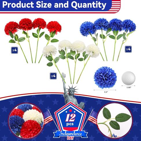 12 Pcs Artificial Chrysanthemums Flowers Patriotic Flower, 4th of July Fake Mums Flowers Silk Flowers Arrangement for Home Decor Indoor Memorial Day Table Centerpiece (12, Red, White, Blue) in Saudi Arabia