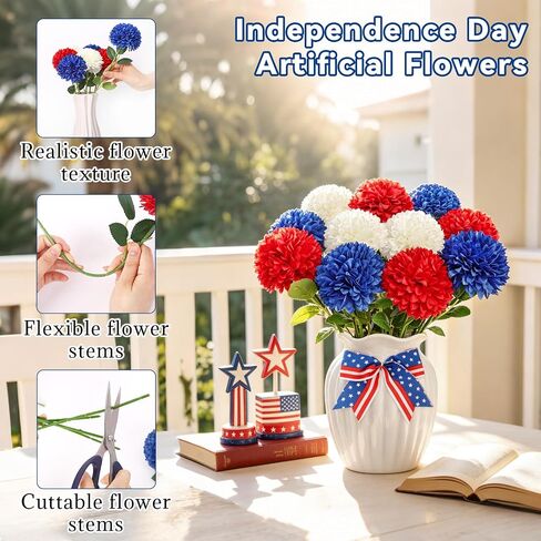 12 Pcs Artificial Chrysanthemums Flowers Patriotic Flower, 4th of July Fake Mums Flowers Silk Flowers Arrangement for Home Decor Indoor Memorial Day Table Centerpiece (12, Red, White, Blue) in Saudi Arabia
