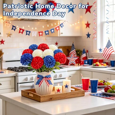12 Pcs Artificial Chrysanthemums Flowers Patriotic Flower, 4th of July Fake Mums Flowers Silk Flowers Arrangement for Home Decor Indoor Memorial Day Table Centerpiece (12, Red, White, Blue) in Saudi Arabia