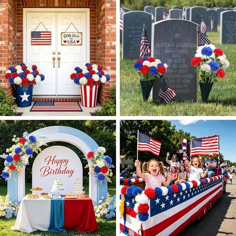 12 Pcs Artificial Chrysanthemums Flowers Patriotic Flower, 4th of July Fake Mums Flowers Silk Flowers Arrangement for Home Decor Indoor Memorial Day Table Centerpiece (12, Red, White, Blue) in Saudi Arabia
