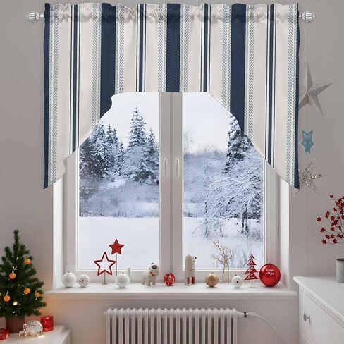 Navy Blue Beige Swag Valances for Kitchen Window, Half Small Swag Curtains Drapes for Bedroom Bathroom Over Sink Retro Simple Abstract Vertical Stripes Rod Pocket Window Treatment Valances, 56x36 Inch in Saudi Arabia