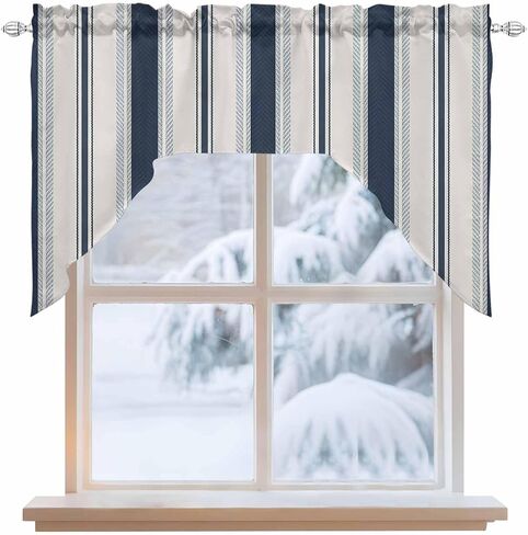 Navy Blue Beige Swag Valances for Kitchen Window, Half Small Swag Curtains Drapes for Bedroom Bathroom Over Sink Retro Simple Abstract Vertical Stripes Rod Pocket Window Treatment Valances, 56x36 Inch in Saudi Arabia