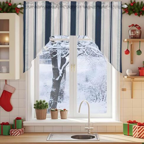 Navy Blue Beige Swag Valances for Kitchen Window, Half Small Swag Curtains Drapes for Bedroom Bathroom Over Sink Retro Simple Abstract Vertical Stripes Rod Pocket Window Treatment Valances, 56x36 Inch in Saudi Arabia