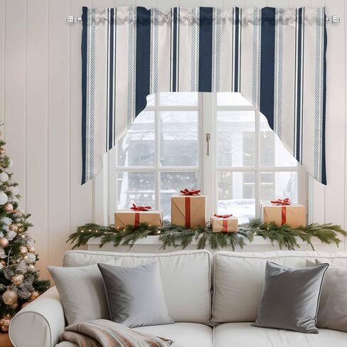 Navy Blue Beige Swag Valances for Kitchen Window, Half Small Swag Curtains Drapes for Bedroom Bathroom Over Sink Retro Simple Abstract Vertical Stripes Rod Pocket Window Treatment Valances, 56x36 Inch in Saudi Arabia