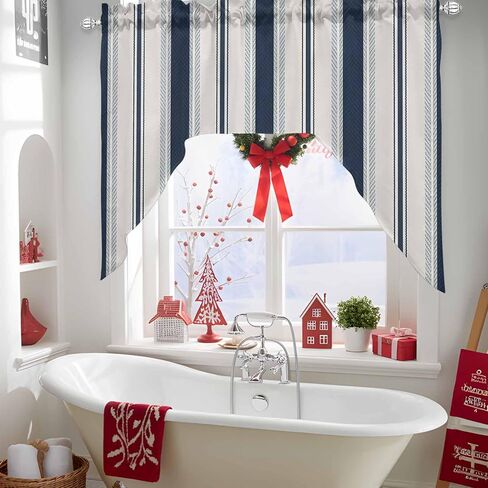 Navy Blue Beige Swag Valances for Kitchen Window, Half Small Swag Curtains Drapes for Bedroom Bathroom Over Sink Retro Simple Abstract Vertical Stripes Rod Pocket Window Treatment Valances, 56x36 Inch in Saudi Arabia