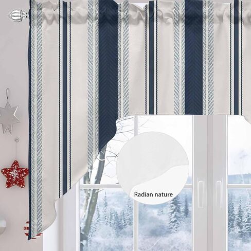 Navy Blue Beige Swag Valances for Kitchen Window, Half Small Swag Curtains Drapes for Bedroom Bathroom Over Sink Retro Simple Abstract Vertical Stripes Rod Pocket Window Treatment Valances, 56x36 Inch in Saudi Arabia