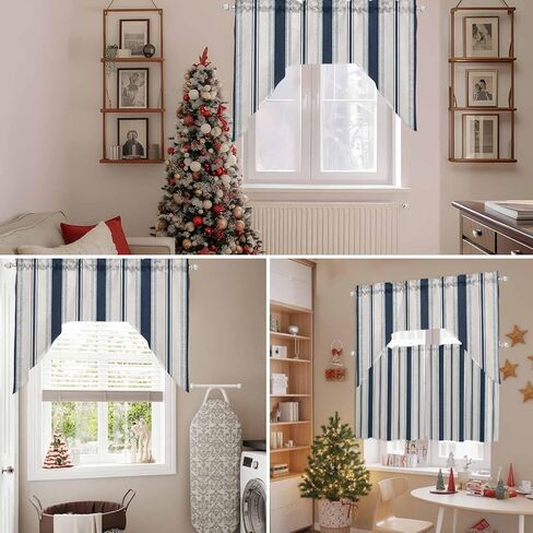 Navy Blue Beige Swag Valances for Kitchen Window, Half Small Swag Curtains Drapes for Bedroom Bathroom Over Sink Retro Simple Abstract Vertical Stripes Rod Pocket Window Treatment Valances, 56x36 Inch in Saudi Arabia