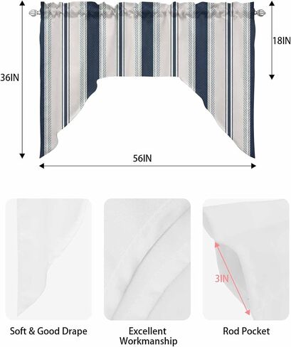 Navy Blue Beige Swag Valances for Kitchen Window, Half Small Swag Curtains Drapes for Bedroom Bathroom Over Sink Retro Simple Abstract Vertical Stripes Rod Pocket Window Treatment Valances, 56x36 Inch in Saudi Arabia