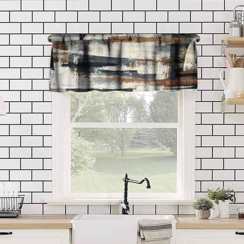 Vintage Abstract Valance Curtains, Brown Gray Art Painting Pattern Farmhouse Short Window Treatments for Kitchen Living Room Bathroom Cafe 54x18inch in Saudi Arabia