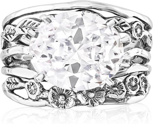 JEAN RACHEL JEWELRY 925 Sterling Silver Oval CZ Floral Ring - Boho Chic Clear Cubic Zirconia Wide Band Statement Ring with Leaf Accents in Saudi Arabia