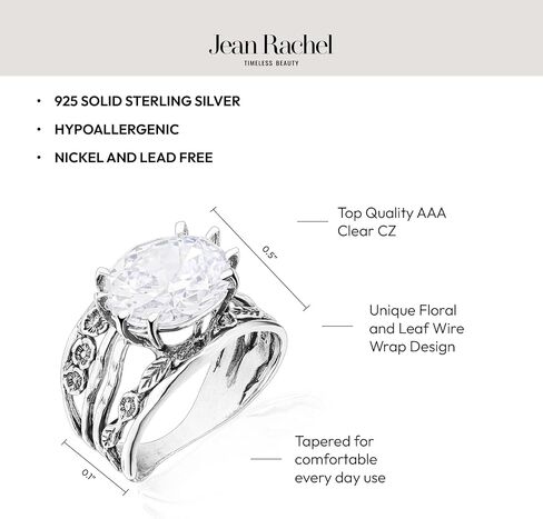 JEAN RACHEL JEWELRY 925 Sterling Silver Oval CZ Floral Ring - Boho Chic Clear Cubic Zirconia Wide Band Statement Ring with Leaf Accents in Saudi Arabia