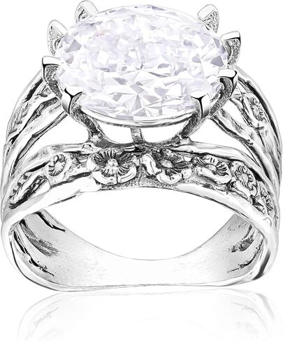 JEAN RACHEL JEWELRY 925 Sterling Silver Oval CZ Floral Ring - Boho Chic Clear Cubic Zirconia Wide Band Statement Ring with Leaf Accents in Saudi Arabia