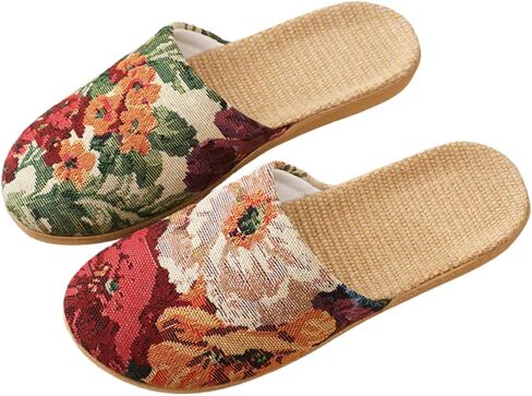 Women Linen House Slippers Jacquard Floral Tapestry Open Toe Slides Vintage Breathable Flax Indoor Shoes Bedroom Spa Summer Lightweight Non Slip Mules in Saudi Arabia