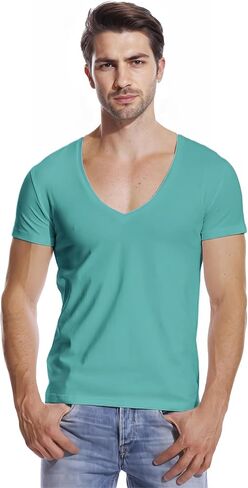 Mens Deep V Neck T Shirts Vneck Tshirt Low Cut Undershirts Slim Fit Short Sleeve Tees Casual in Kuwait