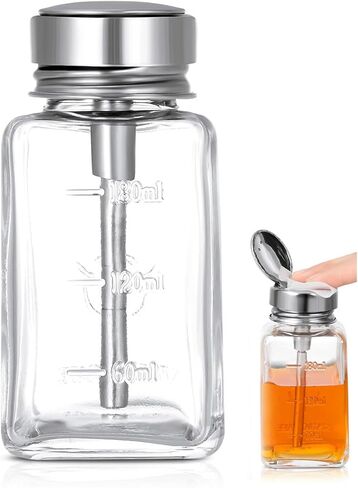 Glass Push Down Pump Dispenser, 6oz/180ml, Leak-Proof, Refillable, Clear, Cylindrical, for Acetone, Nail Polish Remover, Essential Oils (1 Pack) in Kuwait