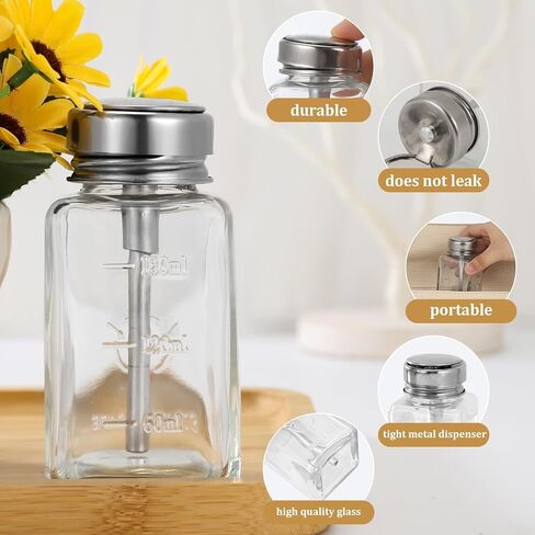 Glass Push Down Pump Dispenser, 6oz/180ml, Leak-Proof, Refillable, Clear, Cylindrical, for Acetone, Nail Polish Remover, Essential Oils (1 Pack) in Kuwait