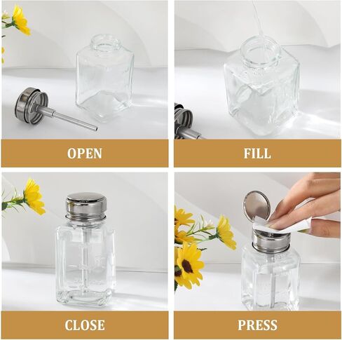 Glass Push Down Pump Dispenser, 6oz/180ml, Leak-Proof, Refillable, Clear, Cylindrical, for Acetone, Nail Polish Remover, Essential Oils (1 Pack) in Kuwait