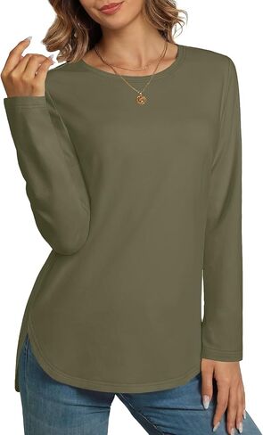 NORACORA Cotton Long Sleeve Shirts for Women Crewneck Tunic Tops Side Split Casual Basic Fall 2026 Trendy T Shirt Blouse in Saudi Arabia