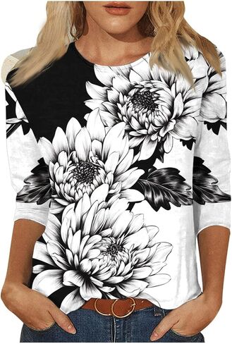 Summer Tops for Women Trendy 3/4 Sleeve Boho Floral Tunic Shirts Dressy Casual Crewneck Loose Fit Blouses in Saudi Arabia