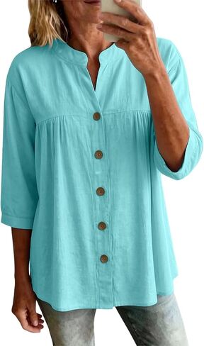 Linen Shirts for Women 3/4 Sleeve Button Down Shirts Cotton Linen Tunic Tops Roll Up V Neck Casual Loose Fit Blouses in Kuwait