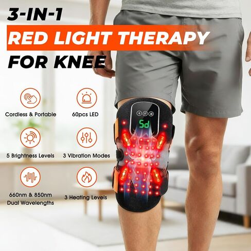 Knee Massager with Heat and Red Light Therapy, FSA Eligible HSA Approved 5000mAh Cordless Knee Massager for Knee Pain Relief, 60 LEDs Near Infrared Knee Brace, Portable Knee Wrap for Joint/Calf/Elbow in Saudi Arabia