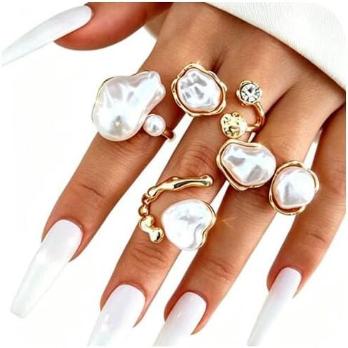 Gold Pearl Rings Set for Women Fashion Open Adjustable Baroque Stacking Knuckles Pearl Rings Set Trendy Boho Prom Costume Jewelry in Saudi Arabia
