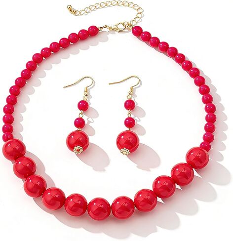 Colorful Beaded Necklace Earrings Set for Women Retro Chunky Big Round Bead Resin Choker Necklace Dainty Acrylic Multicolor Beads Pendant Earrings Fashion Festival Party Jewelry Accessories for Women in Saudi Arabia