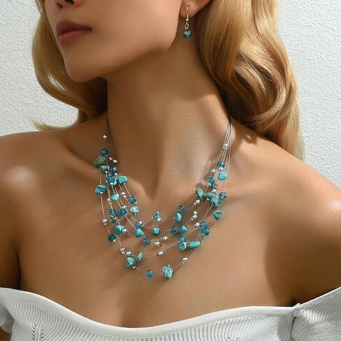 Multi-Layer Turquoise Chips and Crystal Beaded Necklace and Dangle Earrings Set for Women,Bohemian Statement Jewelry Set in Kuwait