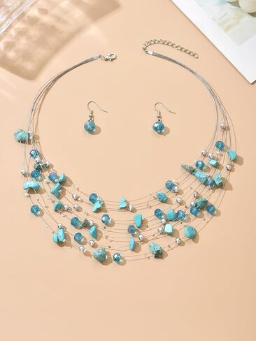 Multi-Layer Turquoise Chips and Crystal Beaded Necklace and Dangle Earrings Set for Women,Bohemian Statement Jewelry Set in Kuwait