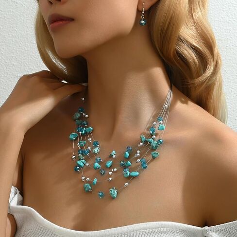 Multi-Layer Turquoise Chips and Crystal Beaded Necklace and Dangle Earrings Set for Women,Bohemian Statement Jewelry Set in Kuwait