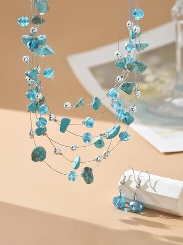 Multi-Layer Turquoise Chips and Crystal Beaded Necklace and Dangle Earrings Set for Women,Bohemian Statement Jewelry Set in Kuwait