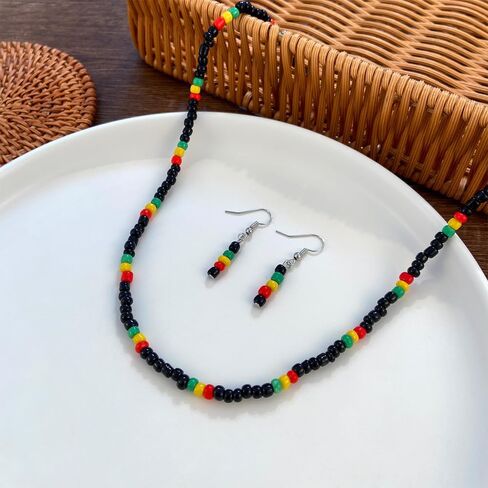 Caiyao Juneteenth الأفريقية مطرز قلادة سوار الأقراط جامايكا الأفريقية الأحمر الأصفر الأخضر أسود الخشب الراتنج الخرز قلادة سوار للنساء الرجال الأسود التاريخ شهر زي المجوهرات الهدايا in Kuwait