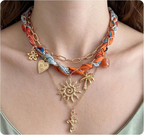 Layered Scarf Necklace for Women - 3 Pcs Bandana Necklace with Charms for Formal Shirt Casual Gift in Saudi Arabia