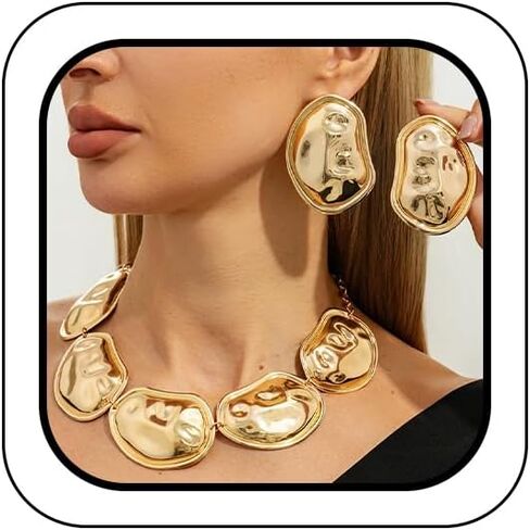 Large Bean Chunky Gold Choker Necklace Irregular Geometry Earring for Women, Punk Big Silver Jewely Set Y2K Fashion Prom Party Outfit Accessories Gift in Saudi Arabia