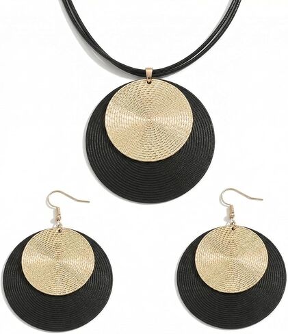 2Pcs Black And Gold Jewelry Sets - Stunning Boho Disc Pendant Necklace. Outstanding Large Circle Medallion Earrings Featuring Chunky Statement Drops, Vintage Round Ornaments in Saudi Arabia